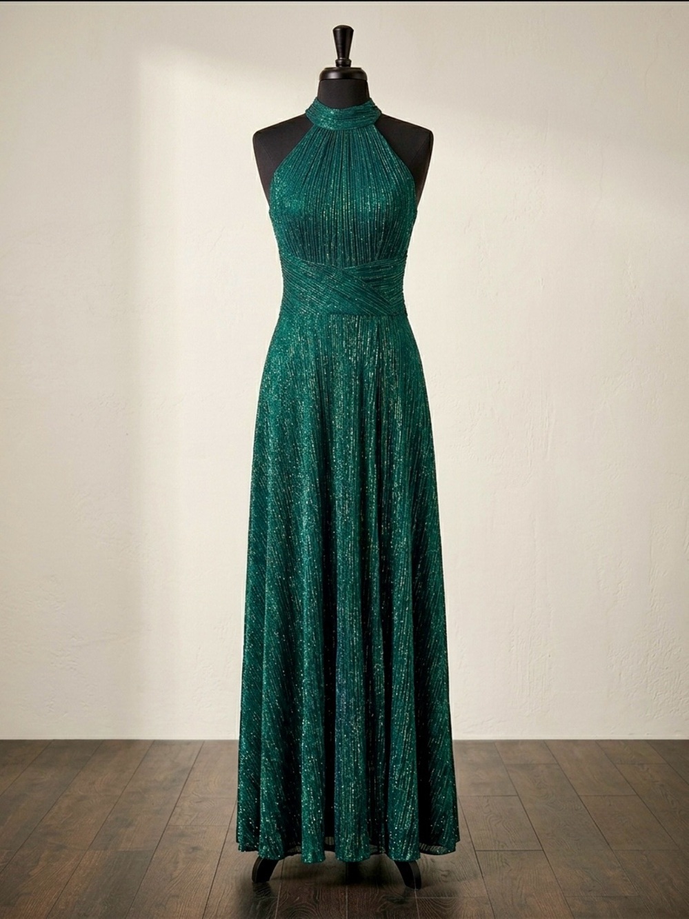 Metallic Halter Maxi Dress in Emerald Green